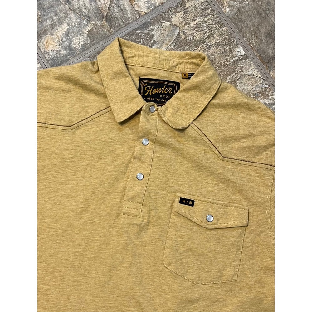 Howler Brothers Ranchero Polo Mens XL Tan Brown Western Pearl Snap Shirt